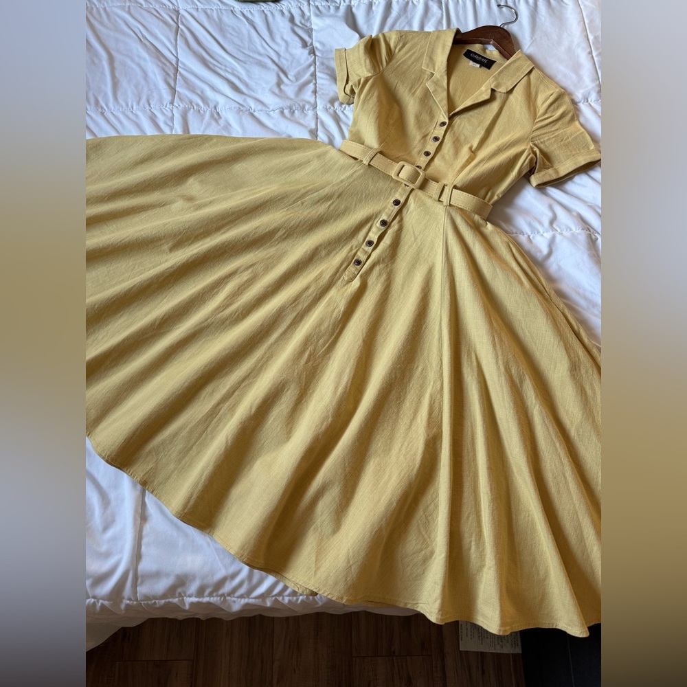 COLLECTIF London Yellow Linen Belted Fit Flare Retro Style Shirt Dress XS